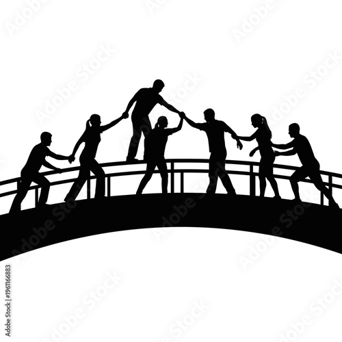 People helping each other on bridge.