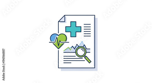 Medical document with health symbols and magnifying glass on white background representing healthcare analysis