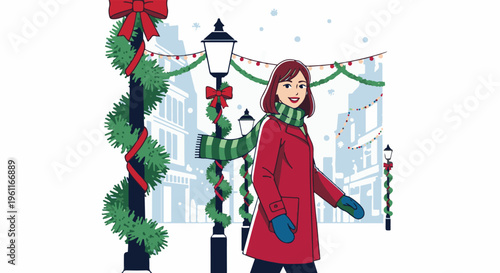 Woman walking on a snowy street adorned with holiday decorations