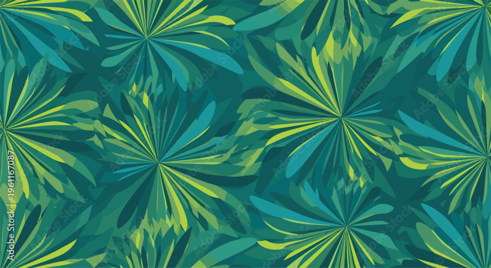 Naklejka premium Seamless organic pattern of stylized leaves or floral bursts in a soothing palette of green and blue tones on a dark teal background.