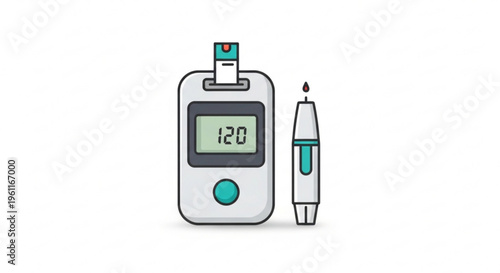 Glucose meter with test strip and lancet on white background diabetes management tool