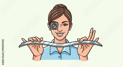 Woman with jeweler's loupe examines a curved metal strip