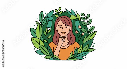 Woman's face peeking through lush green foliage and blooming buds