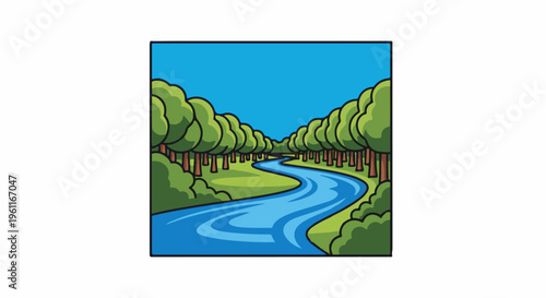 Winding river flows through a forest under a bright blue sky