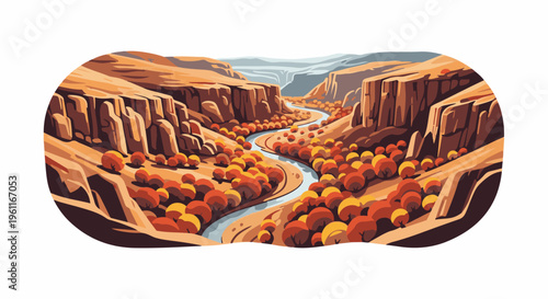 Winding river flows through autumn canyon with rocky cliffs and colorful trees