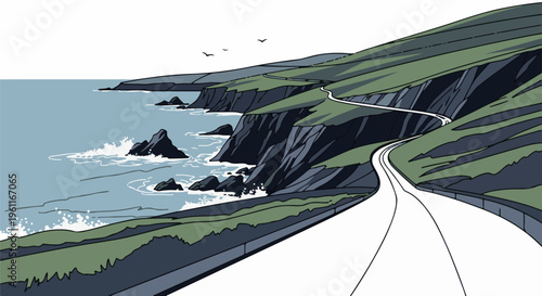 Winding road follows rugged coastline with waves crashing against rocks