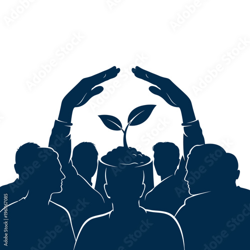 People protecting a small plant.