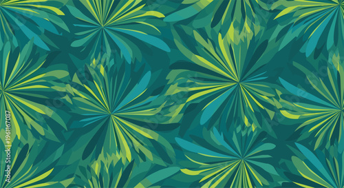 Seamless organic pattern of stylized leaves or floral bursts in a soothing palette of green and blue tones on a dark teal background.