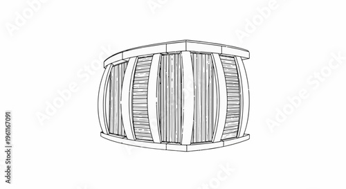 Wooden barrel-shaped structure with curved wooden slats and framing