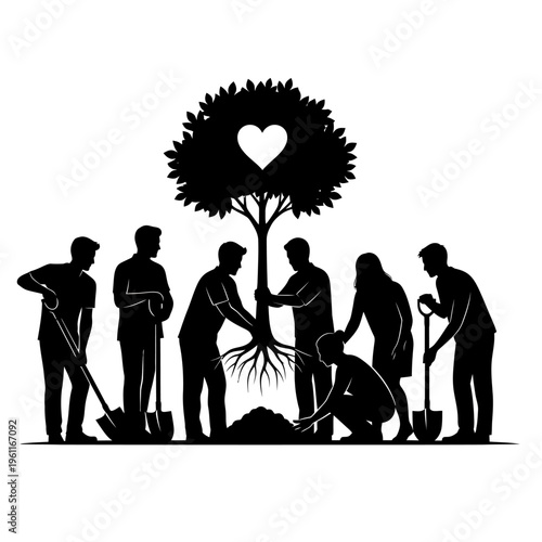 People Planting Tree Together Silhouette.