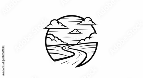 Winding road through a circular landscape with clouds