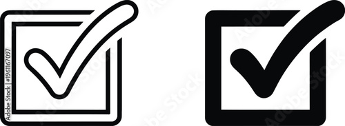 Check mark icons set with thin line and bold solid black square check boxes on transparent background