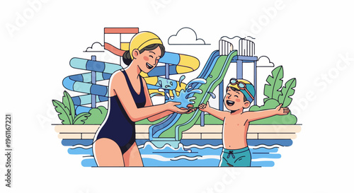 Woman and child at water park with slides and pool
