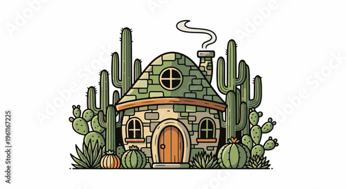 Whimsical stone cottage surrounded by a variety of cacti and desert plants
