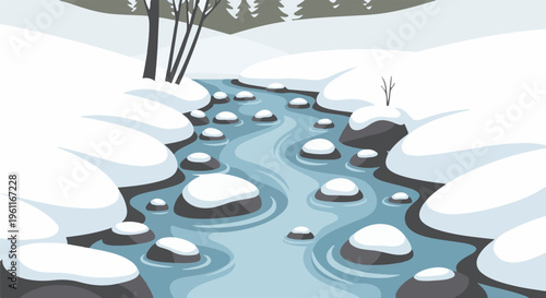 Winter stream flows through snow-covered rocks and bare trees