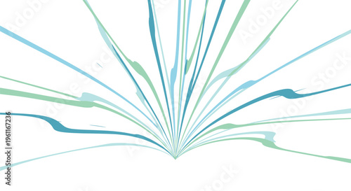 Minimalist abstract background featuring graceful fanning lines in tranquil shades of blue and green emanating from a central point on a white canvas.