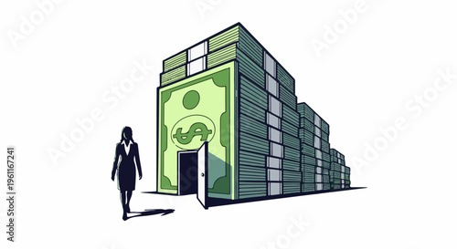 Woman approaches a building made of stacked money