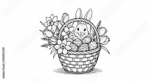 Whimsical sketch of a bunny in an Easter basket overflowing with flowers and decorated eggs