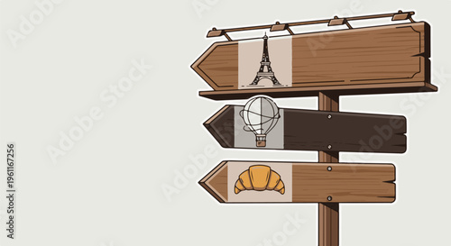 Wooden directional signpost with Paris landmarks and croissant icon