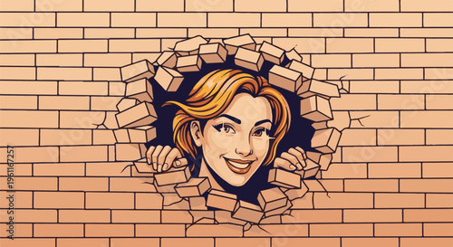 Woman breaking through brick wall, comic style, happy expression, blond hair
