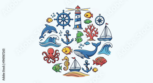 Whimsical sea creatures and nautical elements arranged in a circular pattern