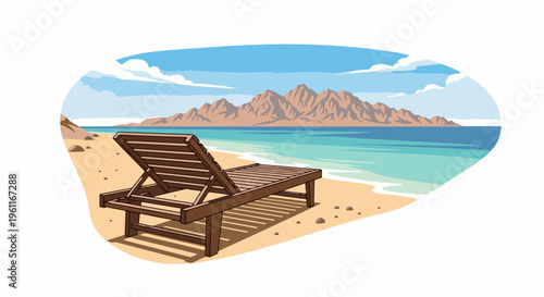 Wooden lounge chair on sandy beach with calm ocean and distant mountains