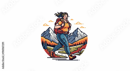 Woman hiking through mountains amidst autumn scenery with a backpack