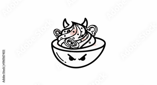 Whimsical devilish dessert in a bowl with a grumpy face