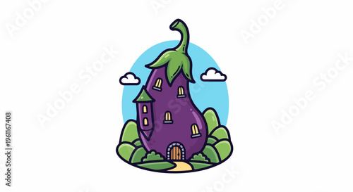 Whimsical eggplant house nestled in rolling green hills under a blue sky