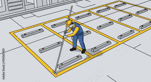 Worker painting yellow lines on a parking lot with car stoppers