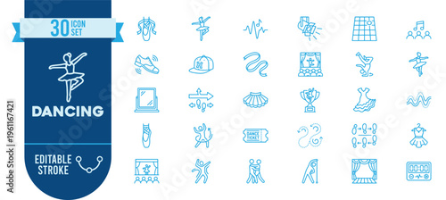 Dancing icon set. Contain icons related to dance, ballet, performance, choreography, movement, stage, music, rhythm, artistic expression, and more. Editable stroke