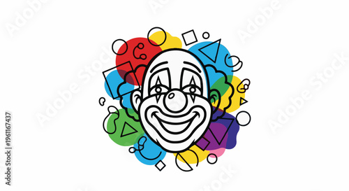 Whimsical clown face with colorful abstract shapes and geometric forms