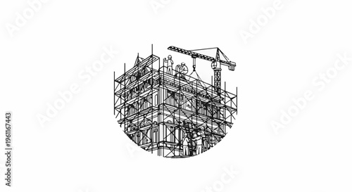 Workers and crane building a detailed structure with scaffolding