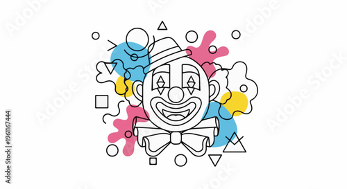 Whimsical clown face with abstract shapes, in black and white and color