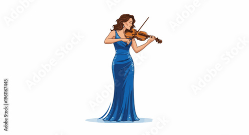 Woman in elegant blue gown plays violin gracefully