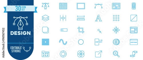Design icon set. Contains icons related to graphic design, typography, layers, crop, pen tool, color, grid, wireframe, component, align, shape, curve, zoom and more. Editable stroke.
