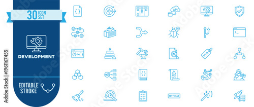 Development icon set. Contains icons related to coding, programming, API, software, web development, bug, database, security, algorithm, git, command line, and more. Editable stroke.
