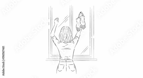 Woman cleaning a window with a cloth and wearing gloves