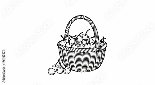 Woven basket brimming with fresh cherries, with a few scattered below