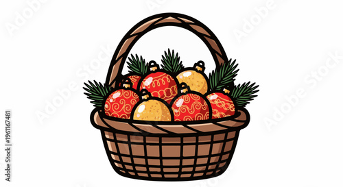 Woven basket overflowing with festive red and gold ornaments and greenery