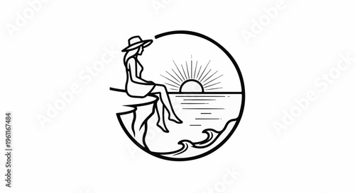 Woman in hat sits on cliff watching sun set over ocean waves