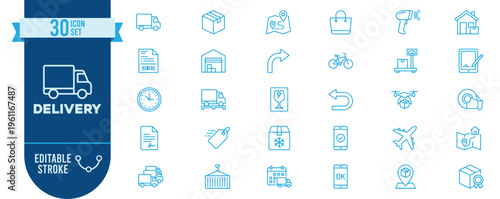 Delivery icon set. Contains icons related to shipping, logistics, truck, package, warehouse, tracking, courier, cargo, drone, bicycle, fragile, frozen goods, location and more. Editable stroke.
