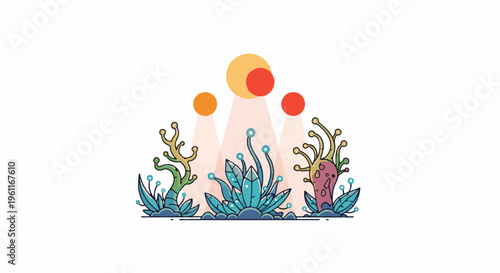 Whimsical alien flora illuminated by glowing orbs