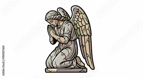 Weathered stone angel statue kneeling in prayer with feathered wings