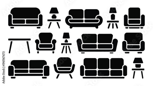 Modern furniture silhouettes vector set black icons on white background sofa chair table lamp