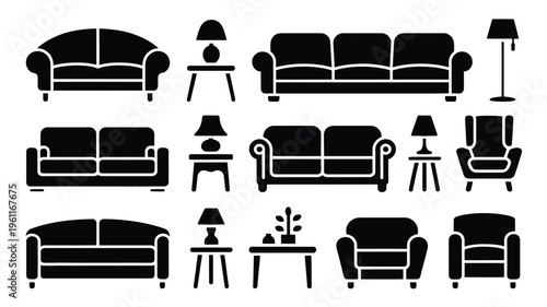 Modern furniture silhouettes including sofas armchairs coffee tables and lamps on white background for interior design and decoration concepts