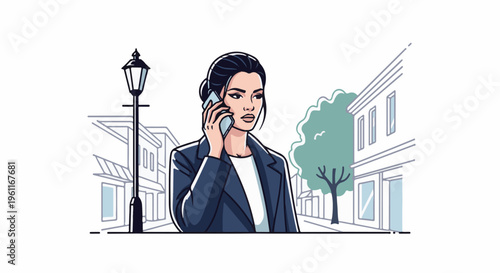 Woman in suit talking on cell phone on city street with building and tree