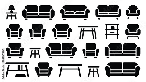Collection of black furniture icons including sofas armchairs coffee tables and lamps on white background for design and decoration