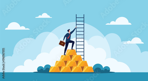 Determined businessman in a formal suit climbing a metal ladder on top of a large pyramid of solid gold bullion bars.