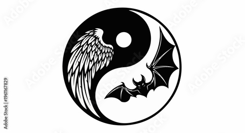 Yin Yang symbol with a feathered wing and a bat